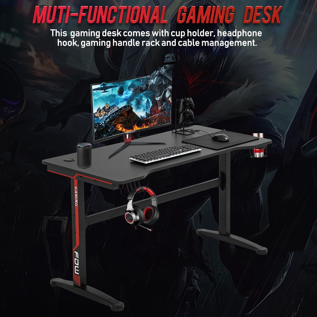 47 Inch Gaming Desk T-Shaped Tabl with Carbon Fiber Surface, Headphone Hook & USB Gaming Handle Rack & Cable Management Hole, Ergonomic Computer Desk for Home Gaming, Office Work, Study, Black