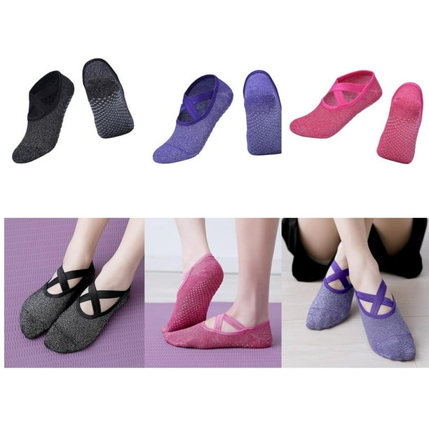 3 pares Calcetines antideslizantes yoga DYNWAVEMX Rosa Púrpura Negro