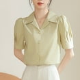 thumbnail image 3 of Women's Button Down Lapel Blouse Tops Short Puff Sleeve Collared Shirts Business Casual Solid Color Tops, 3 of 4