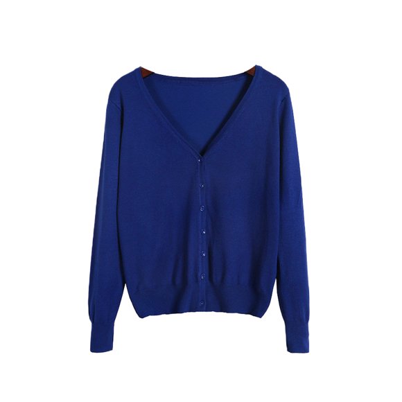 MAWCLOS Manteau pour Femme Cardigan à Col en V Chandail Manches Longues Manteau Extérieur Tricoté Voyage Veste de Couleur Unie Bleu Coloré 2TG