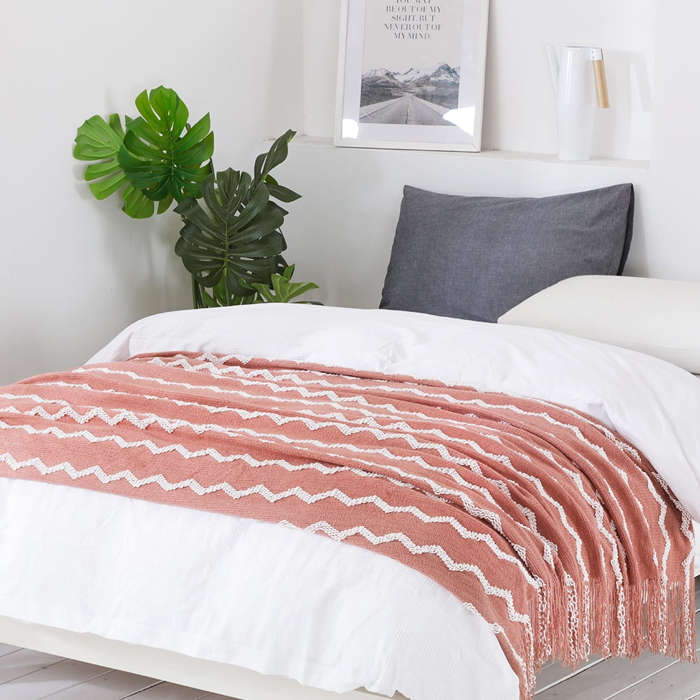 Bourina Fluffy Chenille Knitted Fringe Throw Blanket, Lightweight Soft Cozy Bed Sofa Chair Blanket, Coral Pink, 50" x 60"