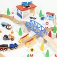 thumbnail image 4 of Maxim Enterprise Huge 100 Piece Wooden Train Set - 100 Percent Hard Wood Track, Bridges, 2 Trains, Helicopter, Buildings, Police Car, Farm, Much More. Compatible with Major Brands, Child Safe Ages 3+, 4 of 6