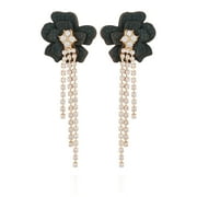 Jet faux leather flower post earring with rhinestone chain