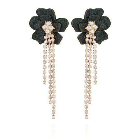 Jet faux leather flower post earring with rhinestone chain