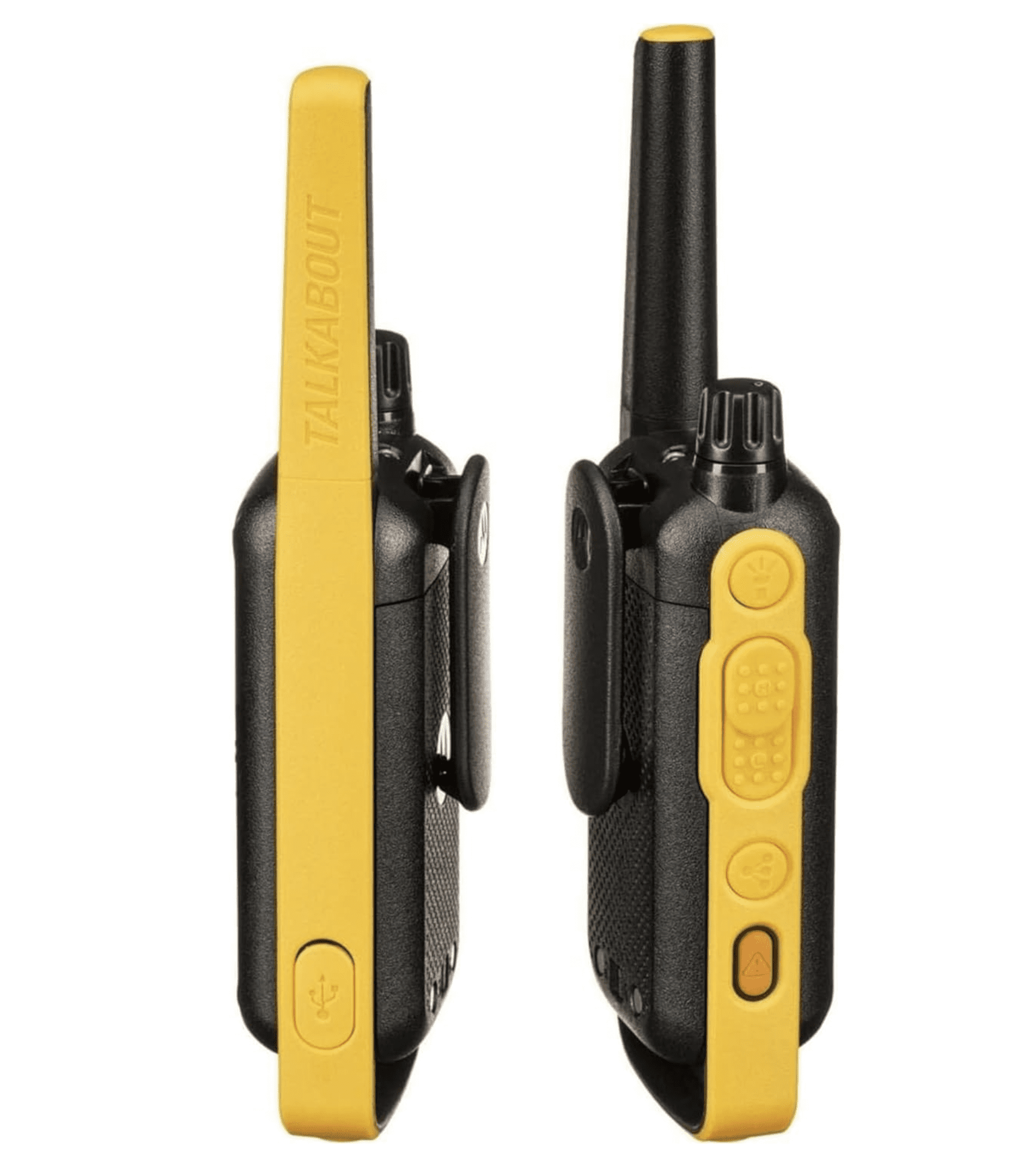 Motorola Talkabout T470 Two Way Radio 4-Pack Walkie Talkies Black/Yellow with PTT Curl Earpieces
