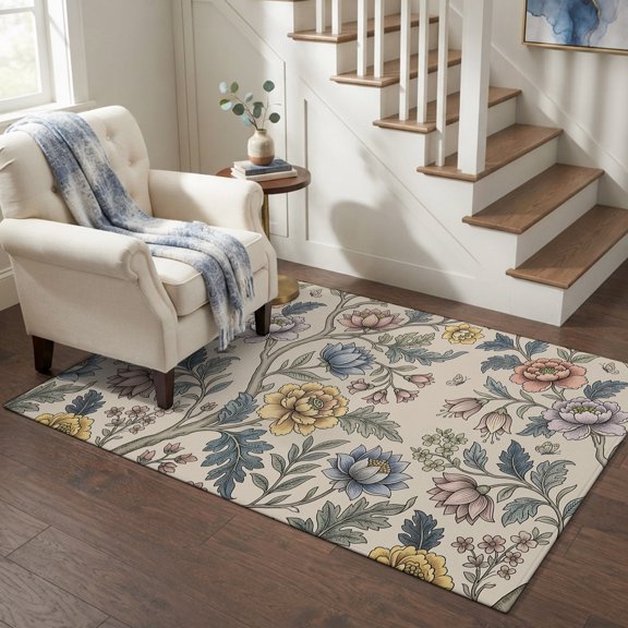 Area Rugs 4'x6'. Vintage Garden Flower Carpet Runner Indoor Outdoor Rugs Home Decor Aesthetic, Rustic Floral Leaf Pastoral Beige Non Slip Mats Washable Accent Rug for Living Room Bedroom