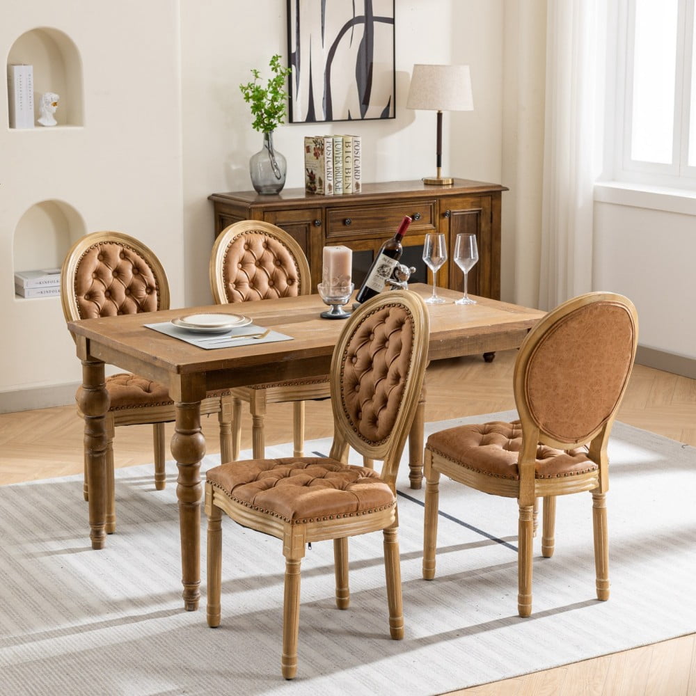 French Style Dining Chairs Set of 2, Solid Wood Upholstered Side Chairs with Tufted PU Leather, Nailhead Trim, Oval Back, Orange