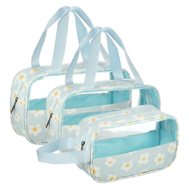 3 Piezas de Bolsa de Maquillaje Duradera para Mujeres para Vacaciones, Camping y Actividades al Aire Libre, Cuero PU Azul PVC