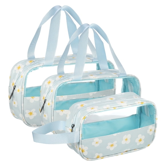 3 Piezas de Bolsa de Maquillaje Duradera para Mujeres para Vacaciones, Camping y Actividades al Aire Libre, Cuero PU Azul PVC