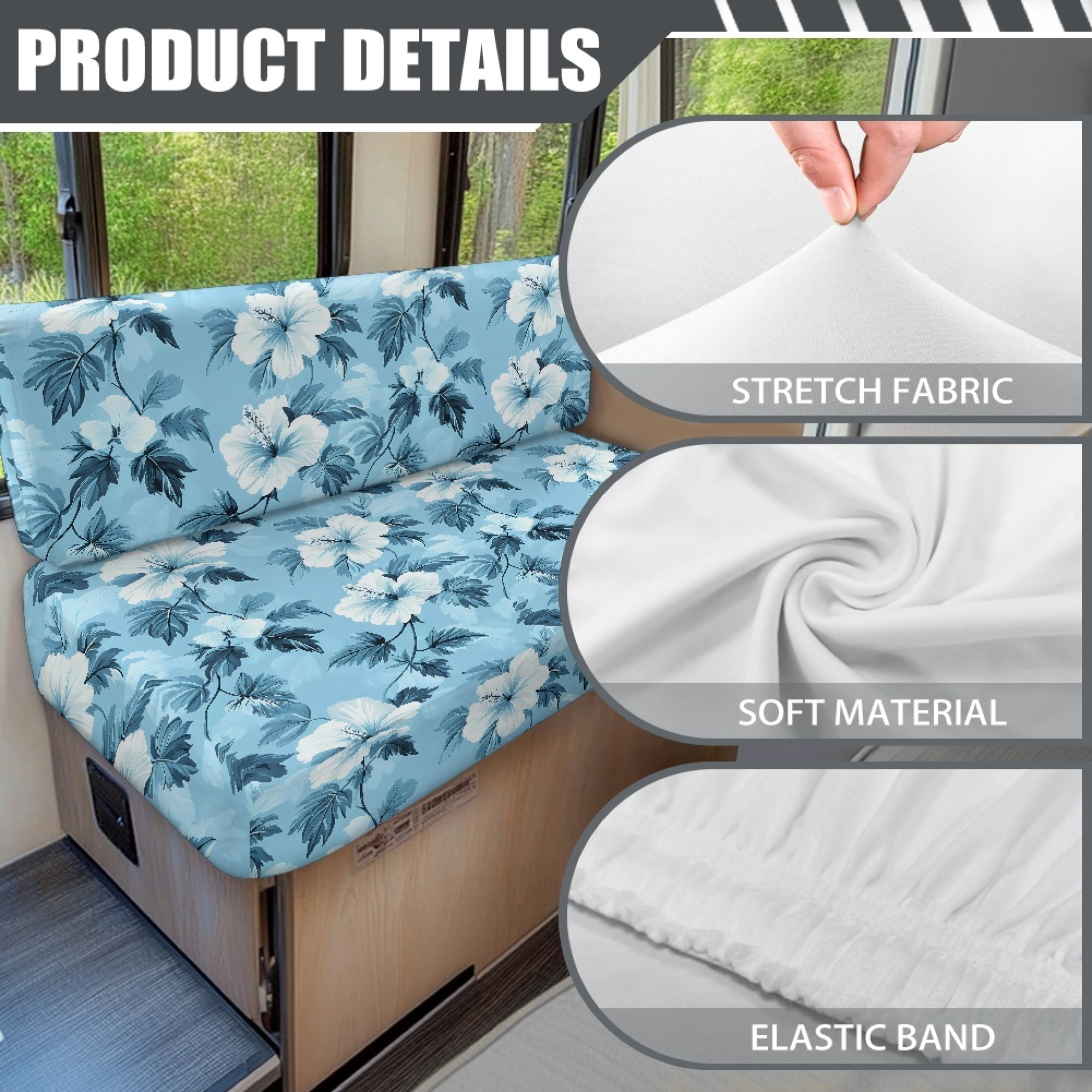 Yuyamidu Blue Hibiscus RV Dinette Cushion Covers Set Comfortable Dinette Couch Protector for RV Camper Cushion Covers Fashion Seat Sofa Chair Cover RV Accessory