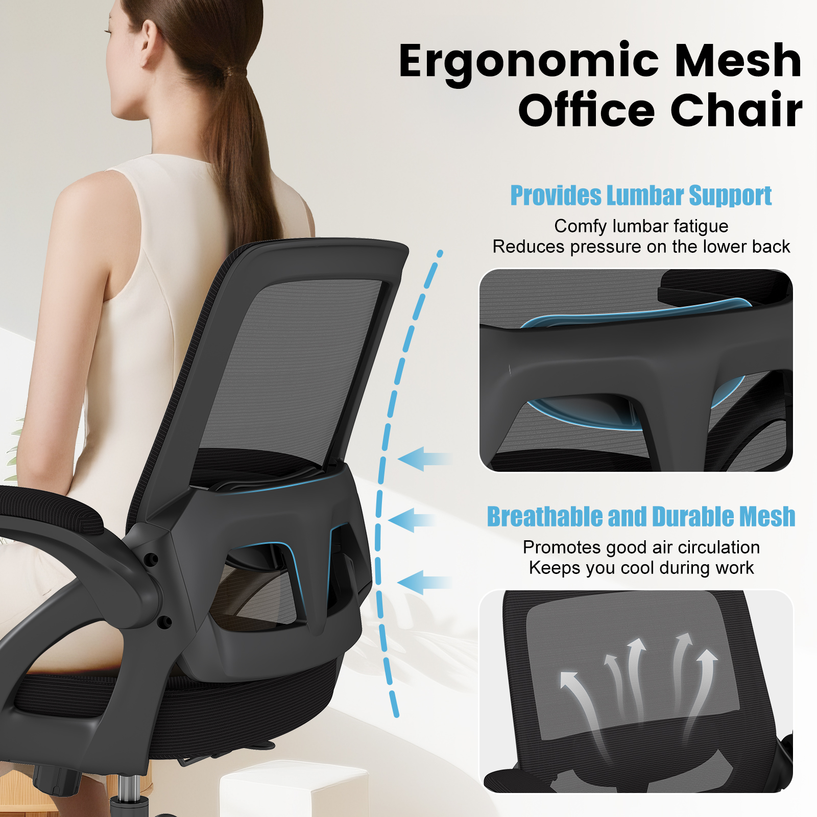 YERAIRR Big Mesh Office Chair 450LB, Ergonomic  Executive Desk Chairs Widen Seat  Lumbar Support  Flip up Armrest  Black