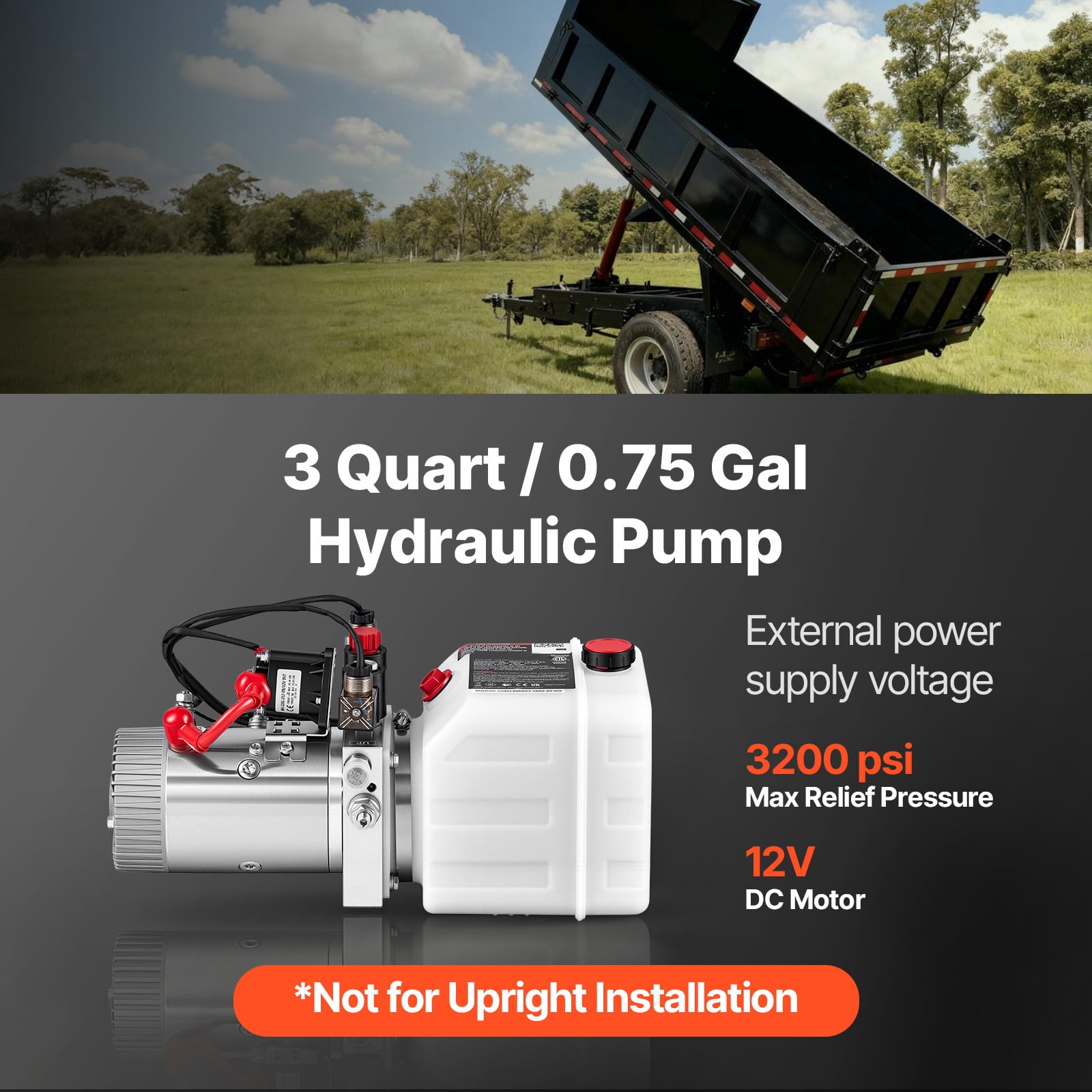 KFFKFF 3 Quart Hydraulic Pump, Double Acting Dump Trailer Unit, 3200 PSI Max Pressure & 0.91 GPM Flow Rate, DC 12V Hydraulic Power System for Dump Trailer and Vehicle Lifting (Horizontal Setup)