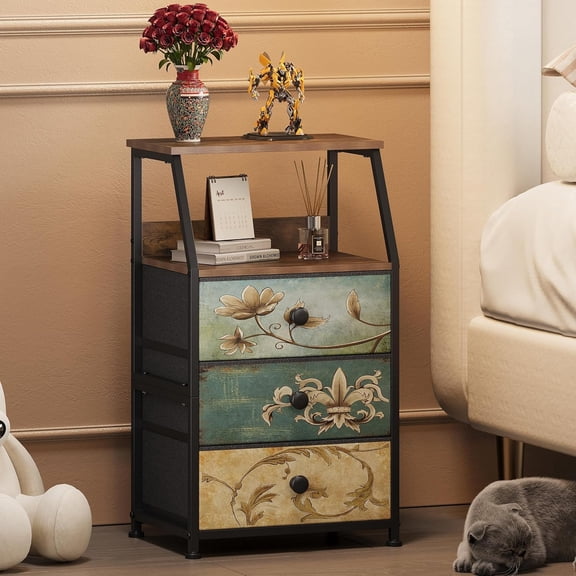Dresser with Fabric Drawers Functional Nightstand with 2 Tier Shelf Storage Tower for Bedroom