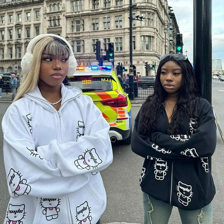 Sanrio Hello Kitty Y2K Couple Outfit Anime Kawaii Zipper Hoodie Autumn Youth Apparel Streetwear Fashion Campus Style Sweatshirt Walmart