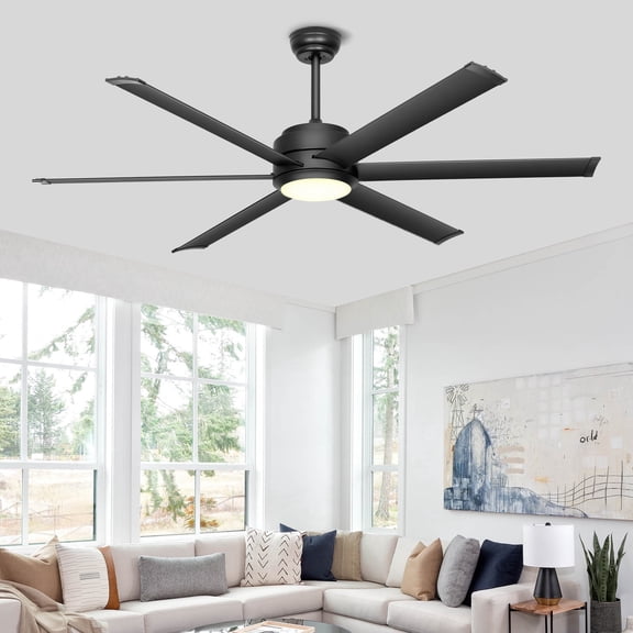 Ohniyou 60" Outdoor Ceiling Fan with Light and Remote, 6 Blades Dimmable Farmhouse Modern Ceiling Fans for Patio Kitchen Bedroom Living Room , Black