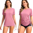 thumbnail image 2 of WAYUTE Womens T Shirts Short Sleeve Rash Guard Round Neck Side Drawstring Ruched Swim Shirt Sun Protection Sporty Top Solid Color T-Shirt Casual Outdoor,Pink,M, 2 of 4