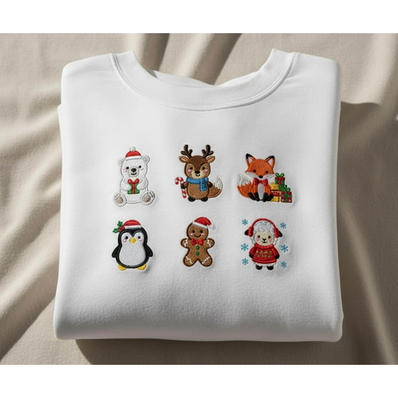 Embroidered Christmas Animal Sweatshirt – Cute Holiday Sweater with Reindeer, Fox, Penguin & Gingerbread, Cozy Gift for Women or Kids