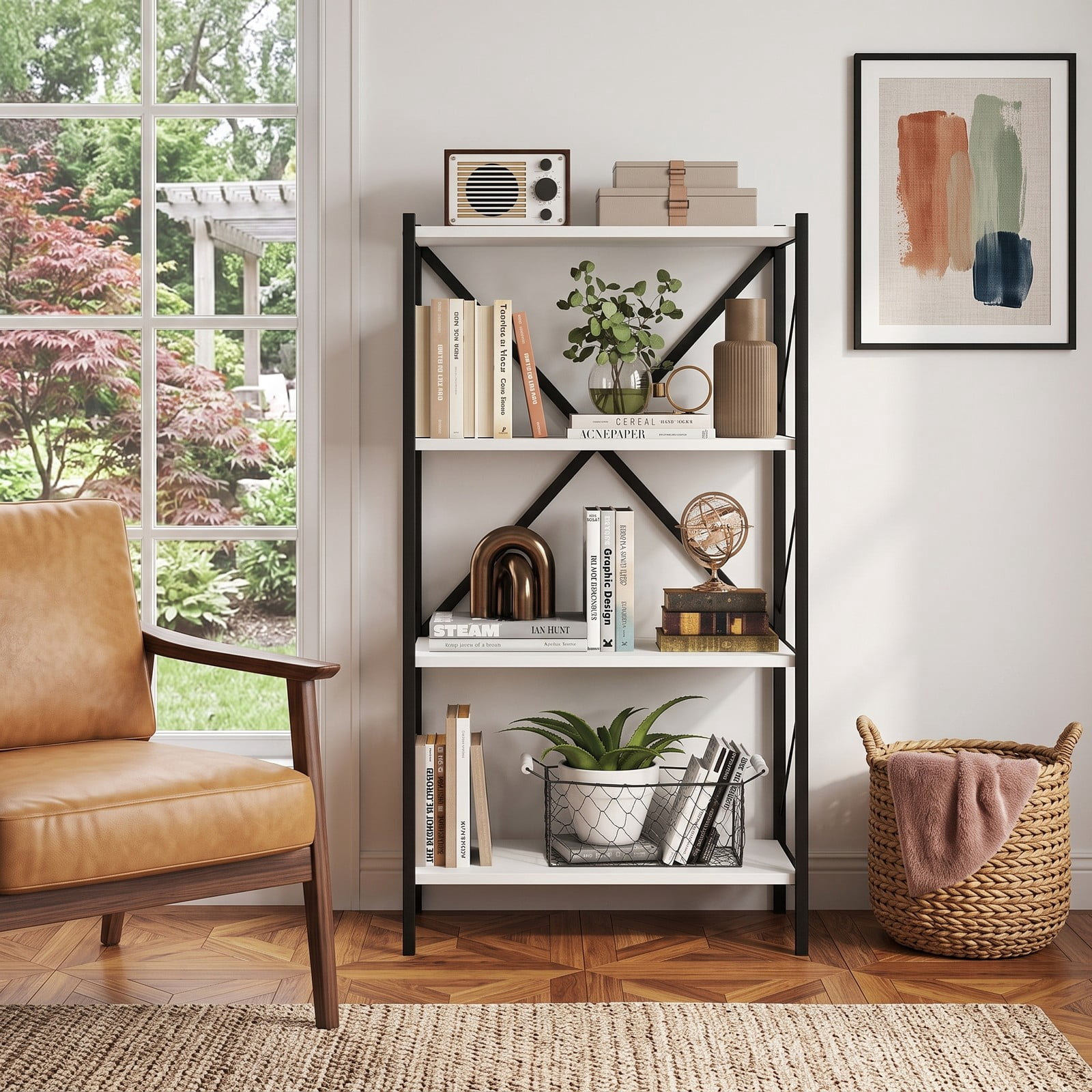 Furnibear 4-Tier Bookshelf with Heavy-Duty Metal Frame, X-Braced Freestanding Storage Bookcase Organizer Plant Stand for Living Room Bedroom Home Office, White