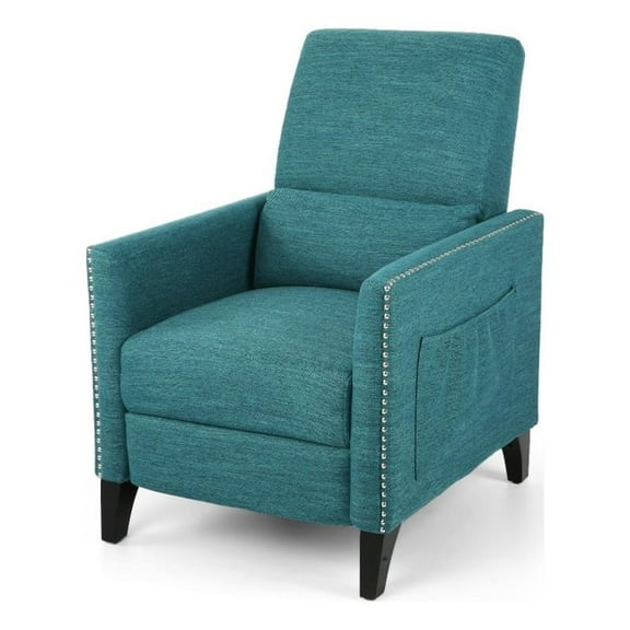 Davy Pushback Recliner Chair- Nailhead Trim- Birch Wood- Teal Fabric