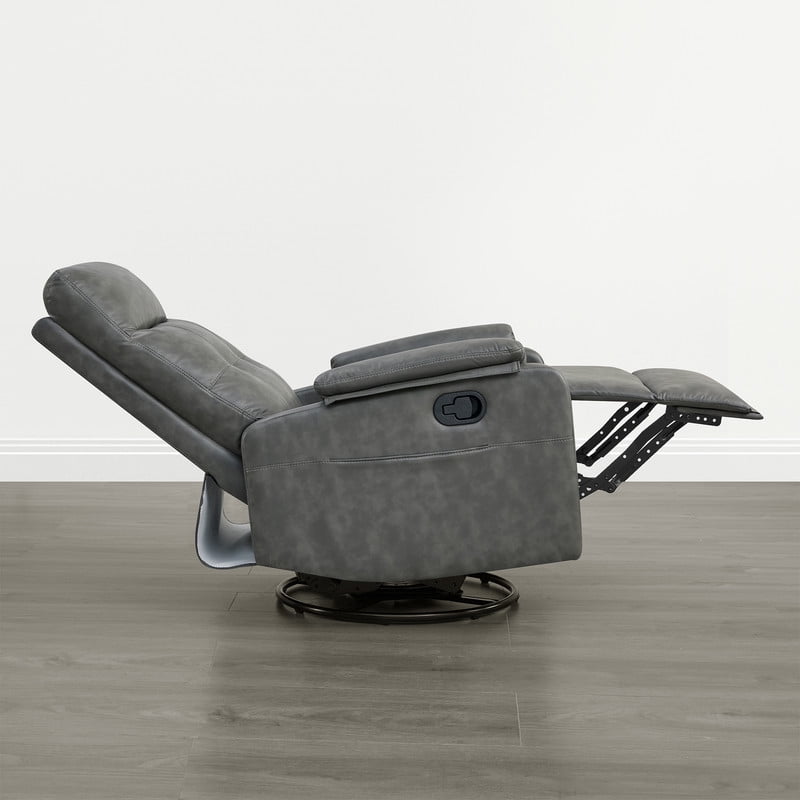 Spruce & Spring Manual Swivel Recliner Chair with Storage Pocket & Cup Holders for Living Room & Bedroom, Gray Faux Leather