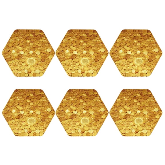 Set of 6 Gold Coins Amazing Drink Coasters for Coffee Table Leather Coaster for Decor Housewarming Hexagon