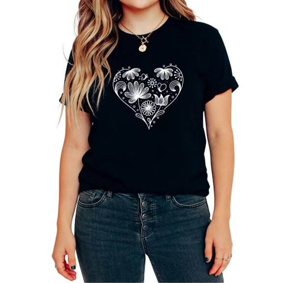 UNISHE Women's Floral Heart Boho Tees Tops Graphic Short Sleeve T-Shirt Casual Love Botanical Comfortable