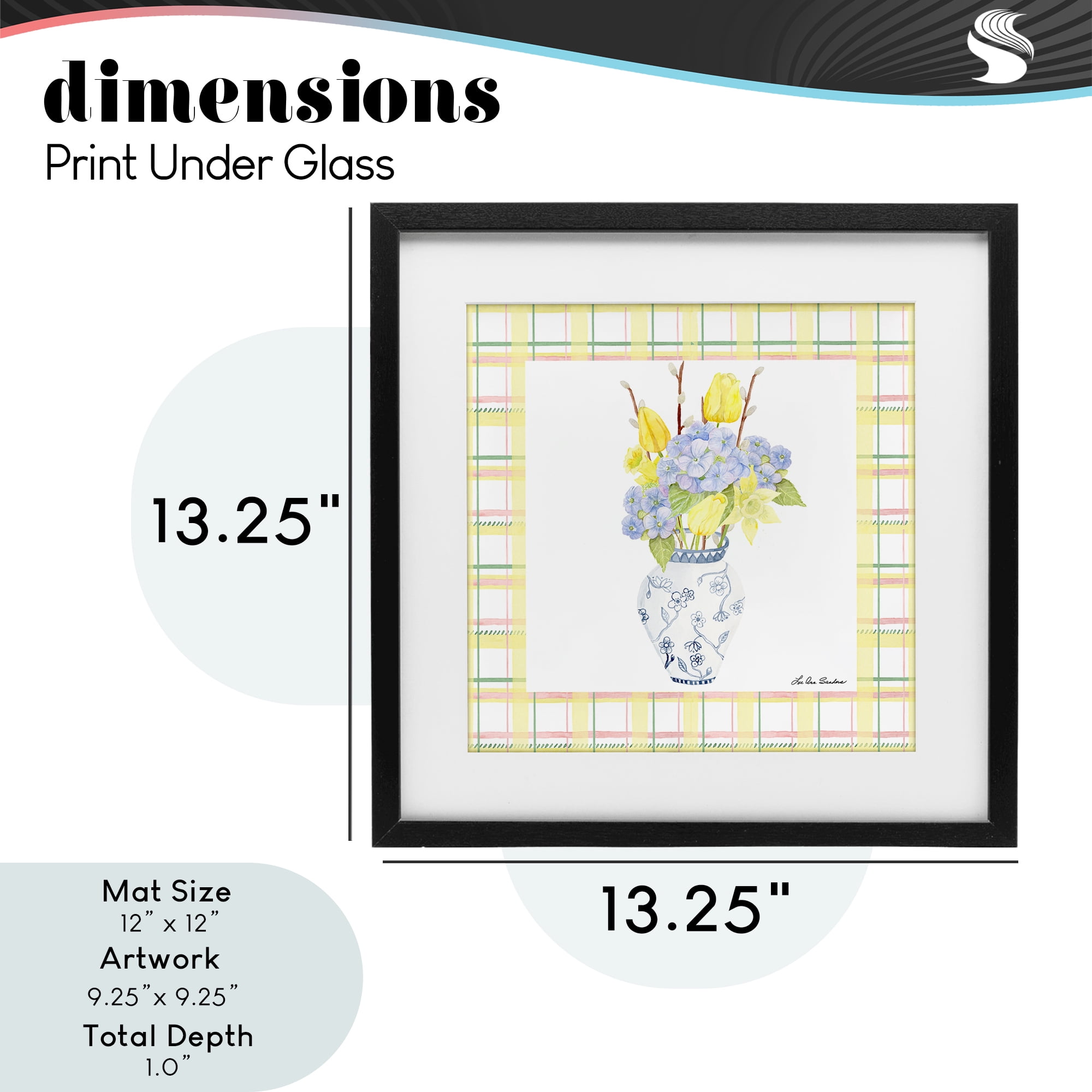Spring Vase on Yellow Plaid Black Framed Print Under Glass, design by Lee Ann Sanders