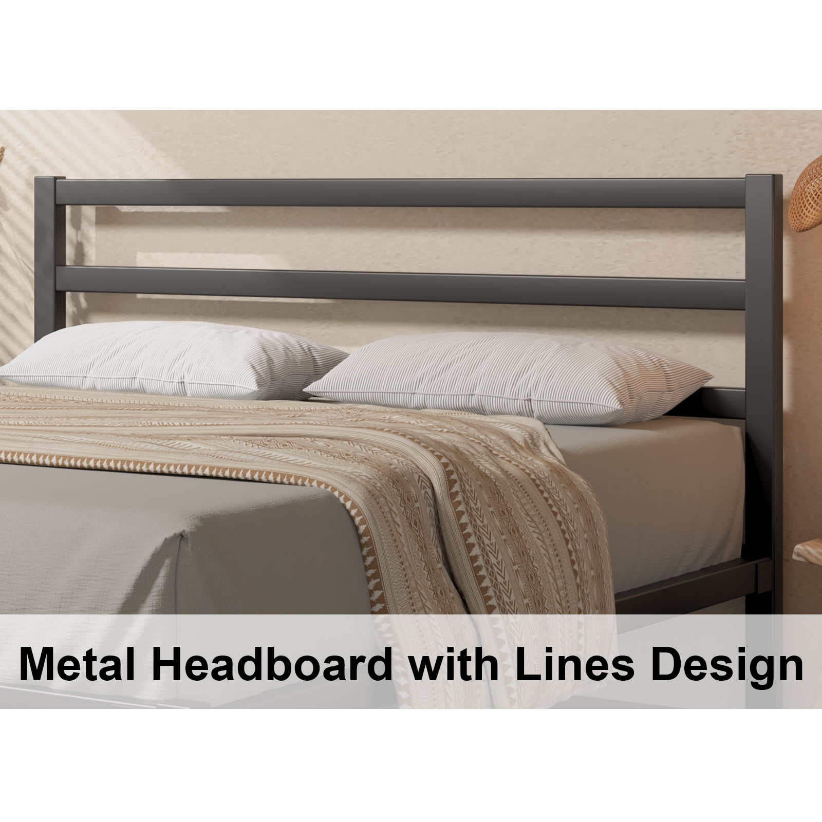 E-motie King Size Metal Platform Bed Frame with Headboard, Heavy Duty Metal Slat Mattress Foundation, Easy Assembly, No Box Spring Needed, Black