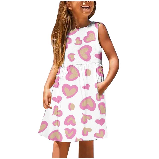 Pisexur Robe d'Été pour Filles Sans Manches, Décontractée, Imprimée, Robe Soleil, Robe de Fête Évasée, Robe Midi Ligne A, Robe Débardeur pour Enfants 3-14 Ans