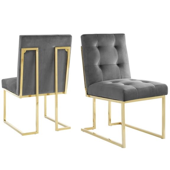 Side Dining Chair, Set of 2, Velvet, Metal Steel, Gold Grey Gray, Modern Contemporary Urban Design, Kitchen Room Cafe Bistro Restaurant Hospitality