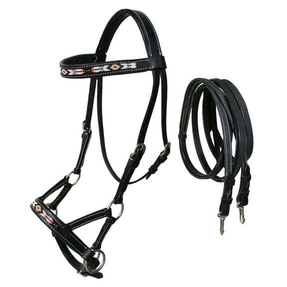 Horse Western Black Leather Bitless Sidepull Beaded Bridle Reins 77RT10BK-F