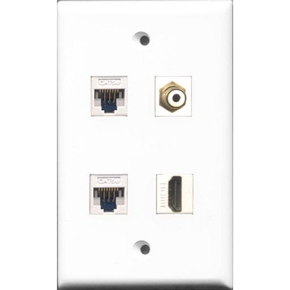 RiteAV 1 Port HDMI and 1 Port RCA White 2 Port Cat5e Ethernet White Wall Plate