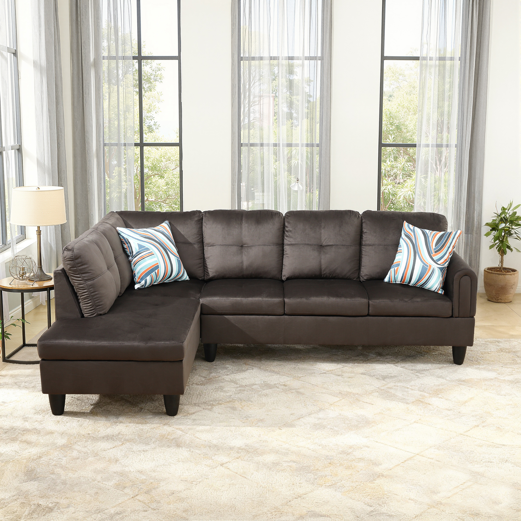 MAYEERTY 97" Flannel Sectional Sofa, 2-Piece Couch Living Room Sofa Set without Ottoman, Dark Brown (Left)