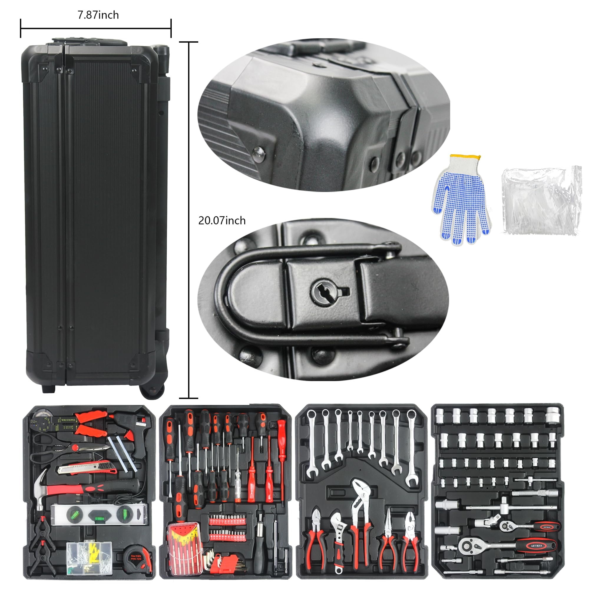 Aukfa 899 Pcs Tool Set, Household Tool Kit with Rolling Tool Box for Home Auto Repair, Black