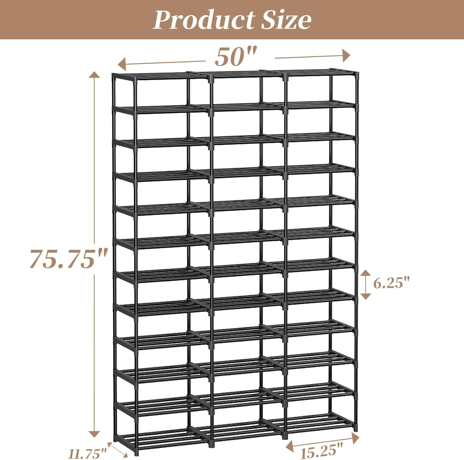 Large Capacity 72 Pair Tall Shoe Rack 3 Row 12 Tier Sturdy Metal Organizer Black Bestseling