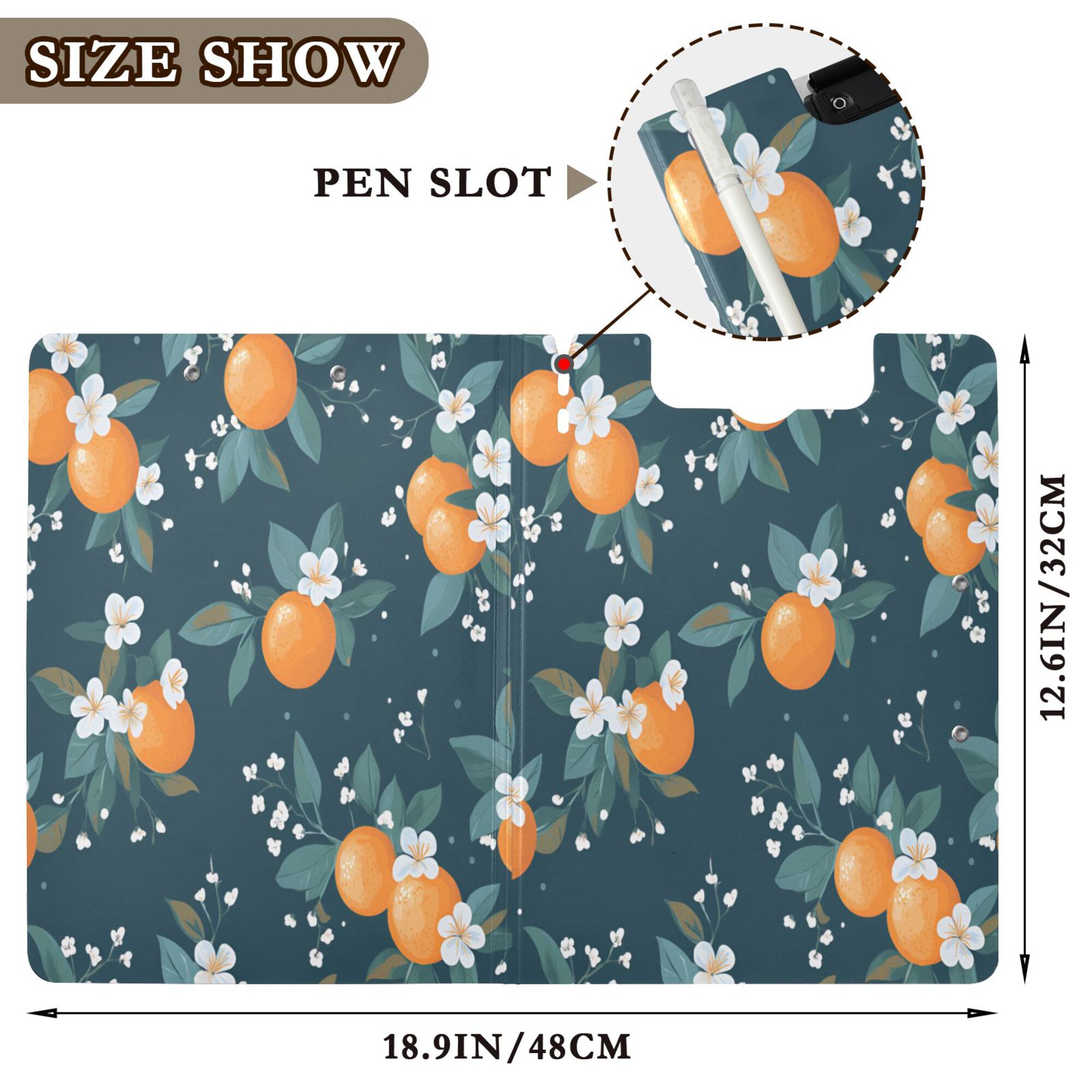 FORMRS A4 Clipboard Folder with Pen Holder Horizontal Foldable School Office Binder, Blue Oranges