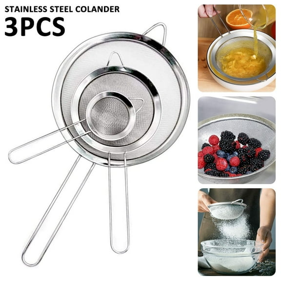 Hvxrjkn Set Of 3 Stainless Steel Fine Mesh Strainers, Strainer, Wire Sieve Sifter With Insulated Handle For Kitchen Gadgets Tools Tea Coffee Powder Fry Juice Rice Vegetable Fruit Etc
