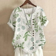 Babysbule Women's Clearance Tops Women Buttons O-Neck Short Sleeve Floral Print Buttons Cotton Linen Vintage Top