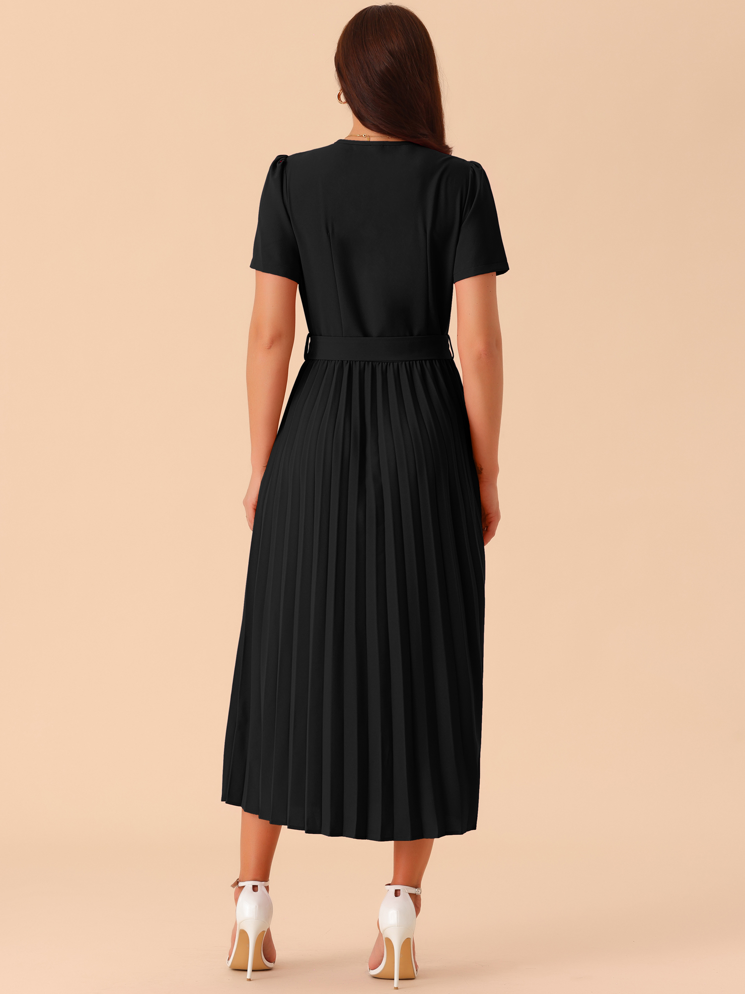 DARING DIVA Short Sleeve Wrap V Neck Flowy Pleated Midi Dress S Black
