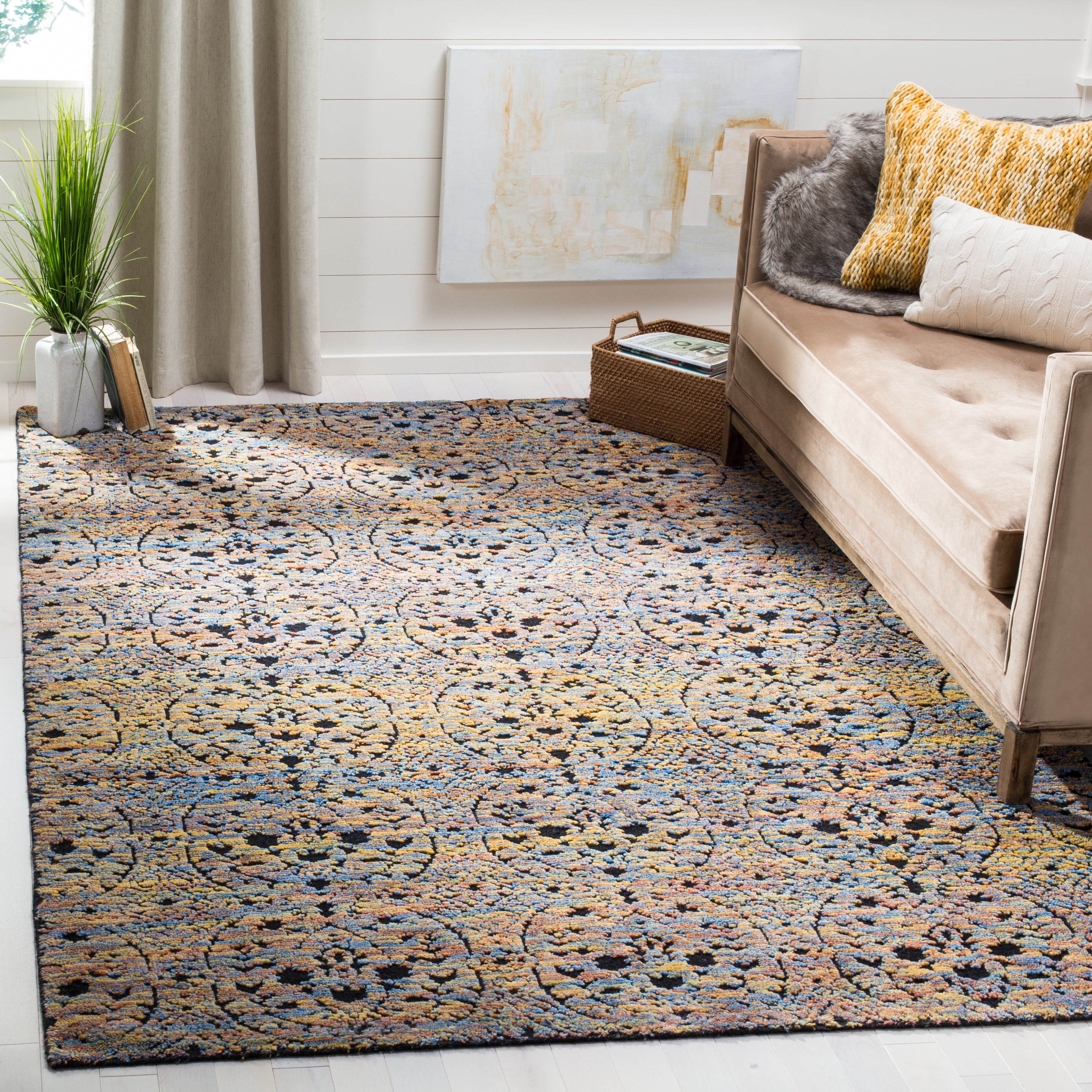 SAFAVIEH Castilla Yasim Damask Wool Area Rug, Blue/Gold/Charcoal, 8' x 10'