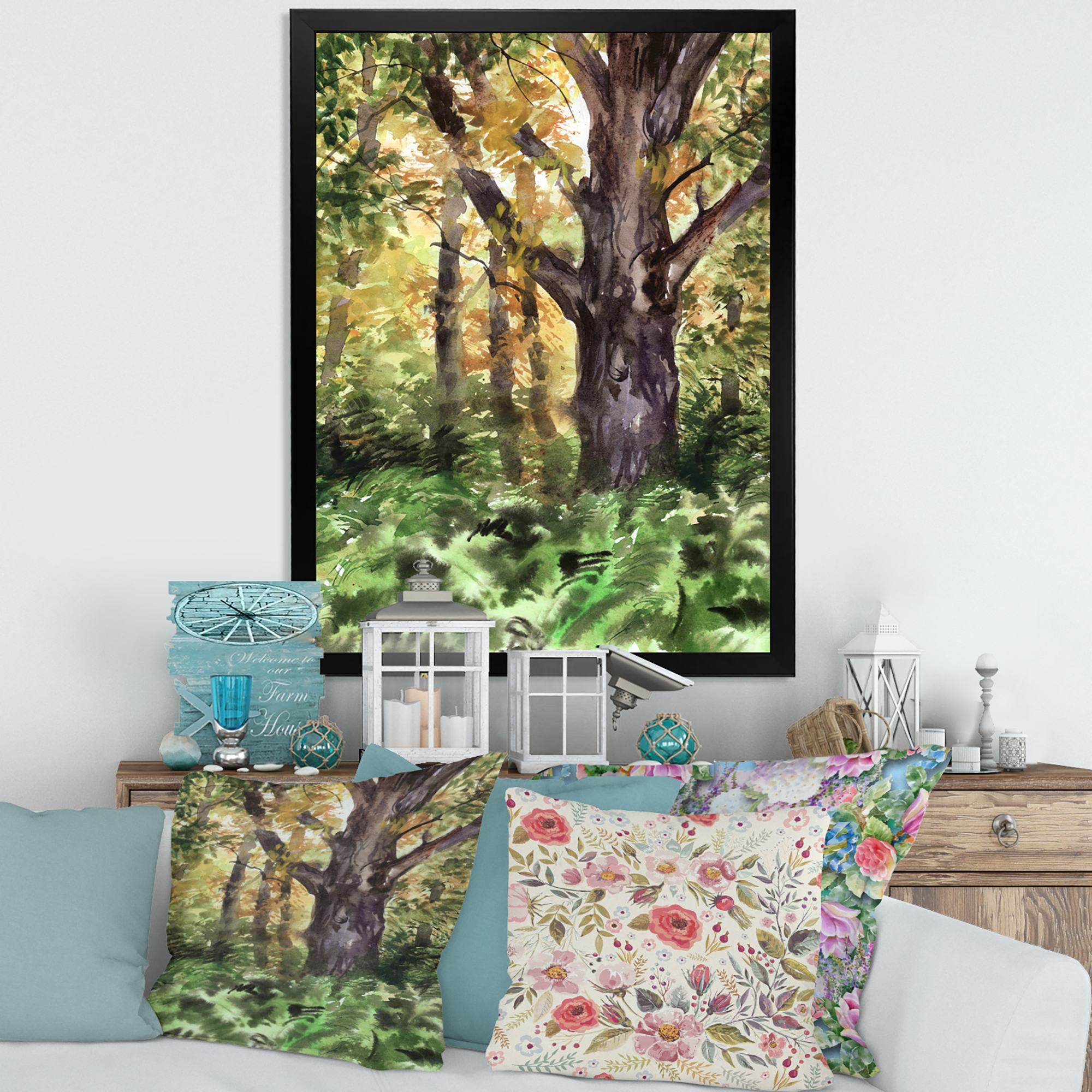 Designart 'Autumn Forest With A Large Tree' Lake House Framed Art Print