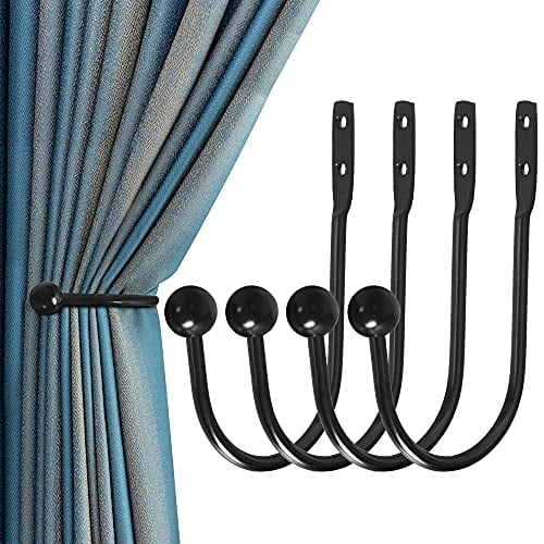 Curtain Holdback,4 Pcs Wall Mounted Drapery Tiebacks with Screws,Heavy Duty Metal Decorative Window Drapery Holder Curtain Hook,Black
