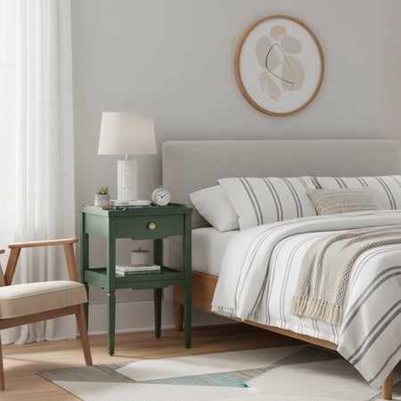 Nightstand Solid Wood and MDF 1-Drawer Bedside Table with Lower Storage Shelf Antique Green Vintage Finish Gold Drawer Pull and Tapered Legs for Bedroom Mid-Century Modern Style