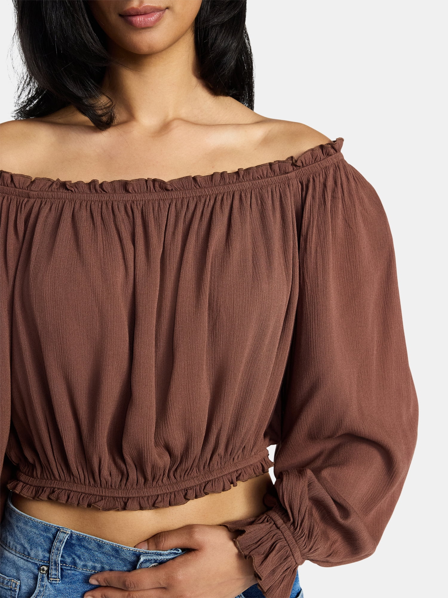 Madden NYC Women's Peasant Top with Long Sleeves, Sizes XXS-XXL