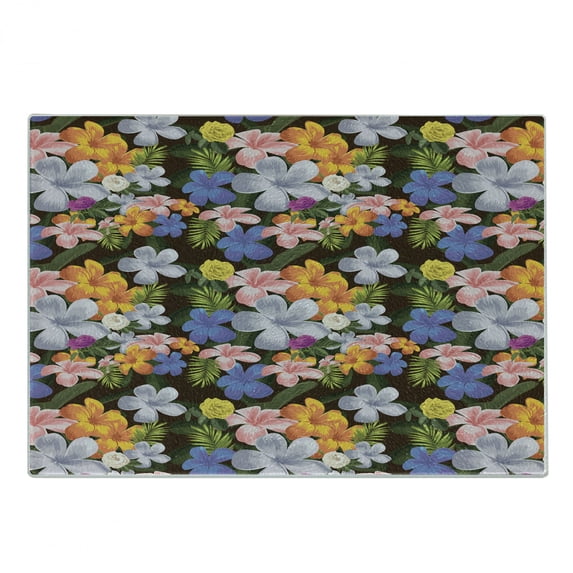 Tropical Cutting Board, Interpretation of Colorful Various Endemic Hawaiian Flowers, Decorative Tempered Glass Cutting and Serving Board, in 3 Sizes, by Ambesonne