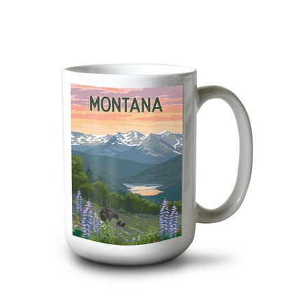 

Lantern Press 15 fl oz Ceramic Mug Montana Bear and Spring Mountains Contour Dishwasher & Microwave Safe