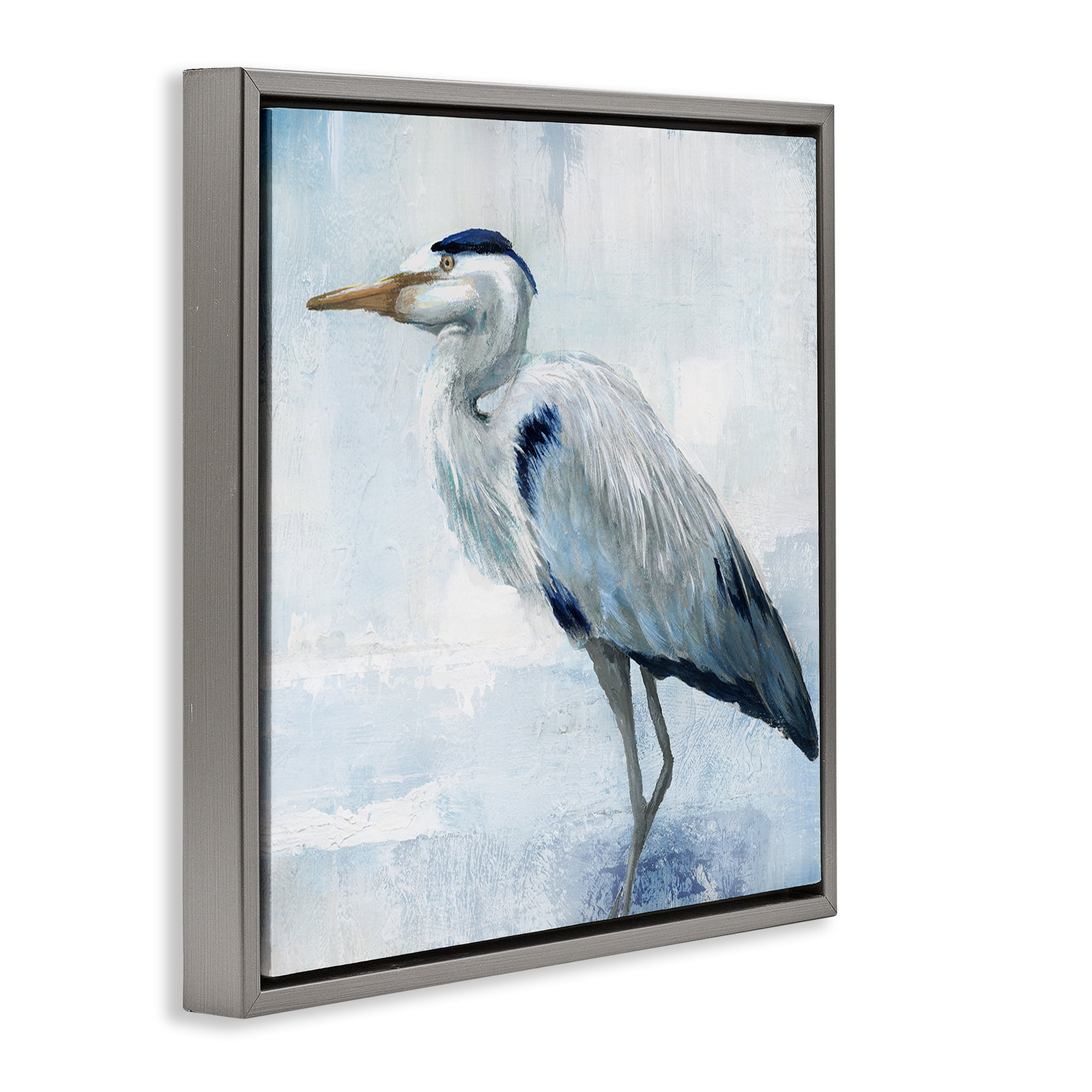 Stupell Industries Faded Blue Heron Gray Framed Floater Canvas Wall Art, design by Nan
