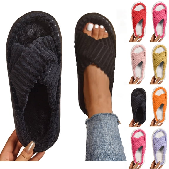 Cross Front Women's Slippers Winter Slip On Arch Support Warm Fleece-Lined Wide Width Slipper Perfect for Indoor & Outdoor Use I Christmas Gift for Mom & Wife