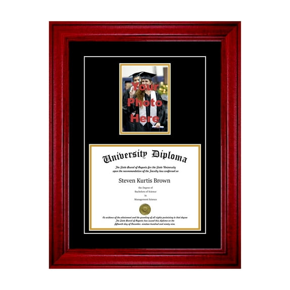 Single Diploma Frame with 5x7 Photo and Double Matting for 15" x 12" Tall Diploma with Cherry 2" Frame