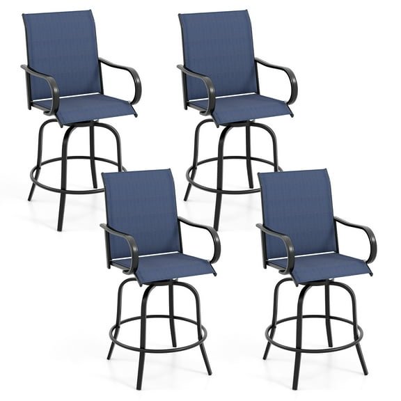 Gymax Outdoor Swivel Bar Stool Set of 4 w/Breathable Fabric and Heavy Duty Metal Frame Navy